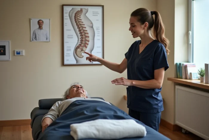 Kinésithérapeute expliquant l'anatomie lombaire à une patiente allongée dans une clinique de rééducation