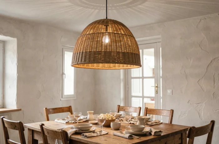 Luminaire suspendu artisanal en fibre naturelle tressée en forme de dôme au-dessus d'une table à manger en bois avec vaisselle céramique