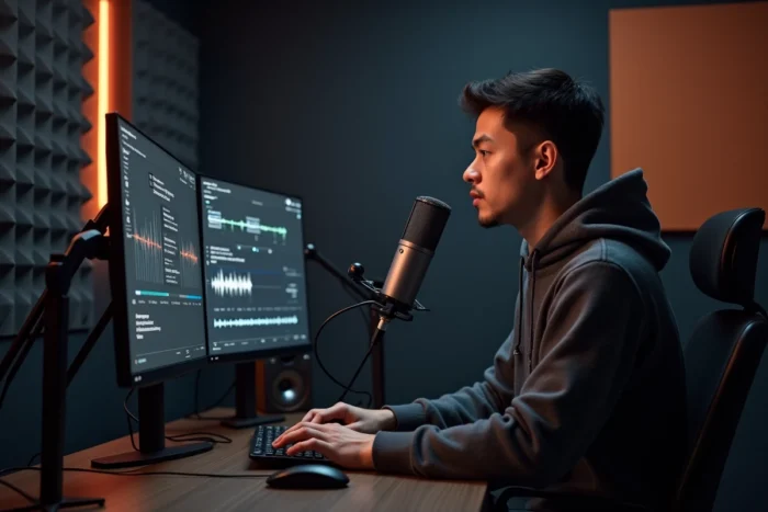Homme utilisant Maestra AI pour la traduction audio avec microphone professionnel en studio