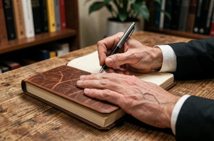 Gros plan sur les mains d'un dirigeant hésitant au-dessus d'un carnet ouvert, symbolisant la peur et le doute dans la prise de décision en leadership