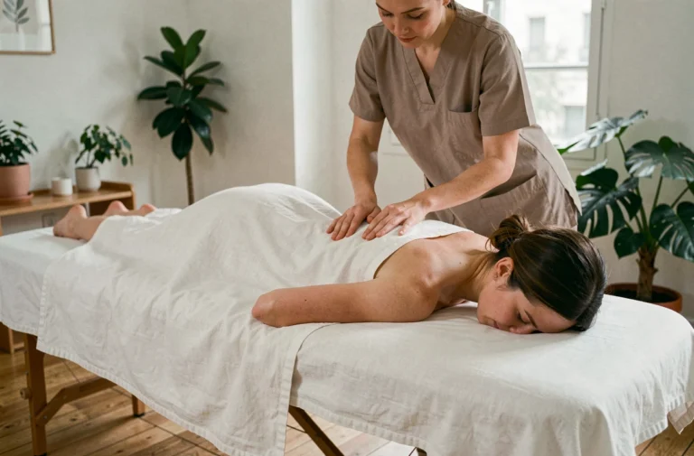 Séance de massage bien-être dans un institut parisien avec masseuse indépendante et cliente allongée sur table