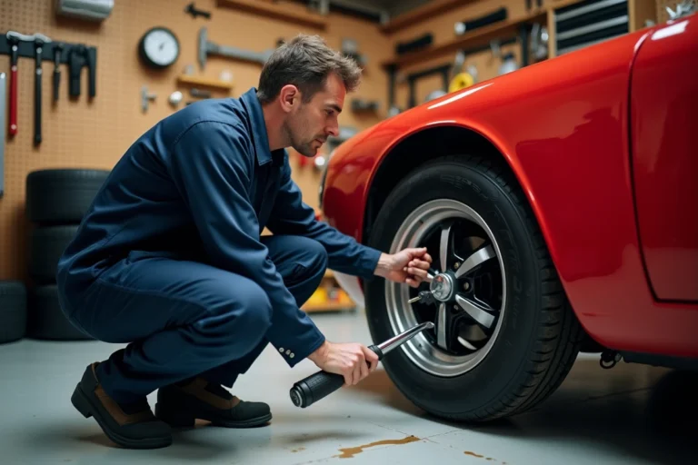 Mécanicien passionné inspectant les freins d'une voiture de sport rouge dans un garage privé bien équipé