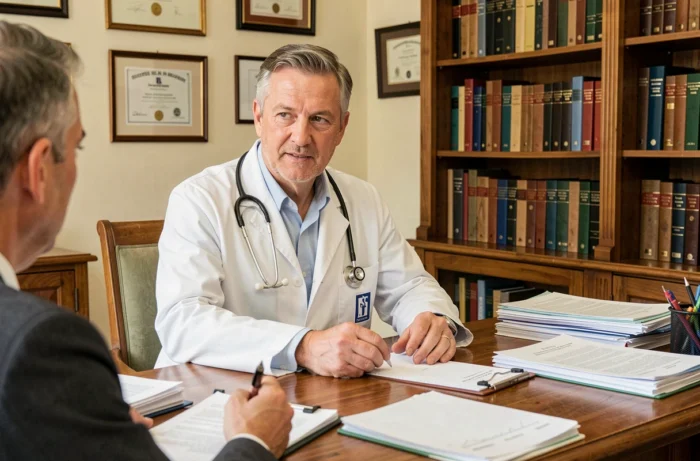 Médecin généraliste de garde en consultation dans son cabinet, assis derrière un bureau avec des ordonnances et dossiers médicaux