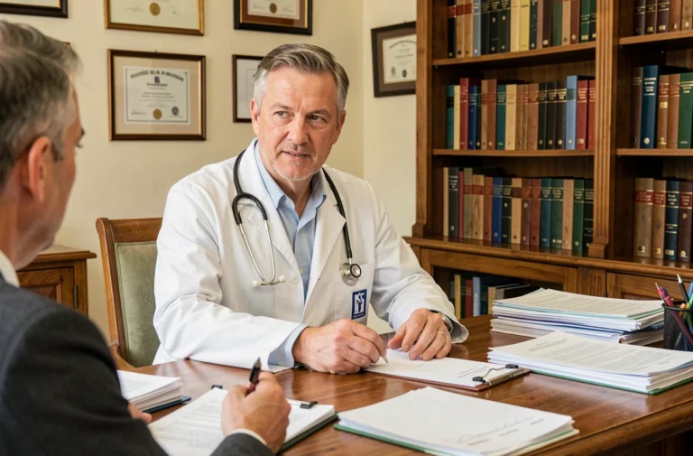Médecin généraliste de garde en consultation dans son cabinet, assis derrière un bureau avec des ordonnances et dossiers médicaux