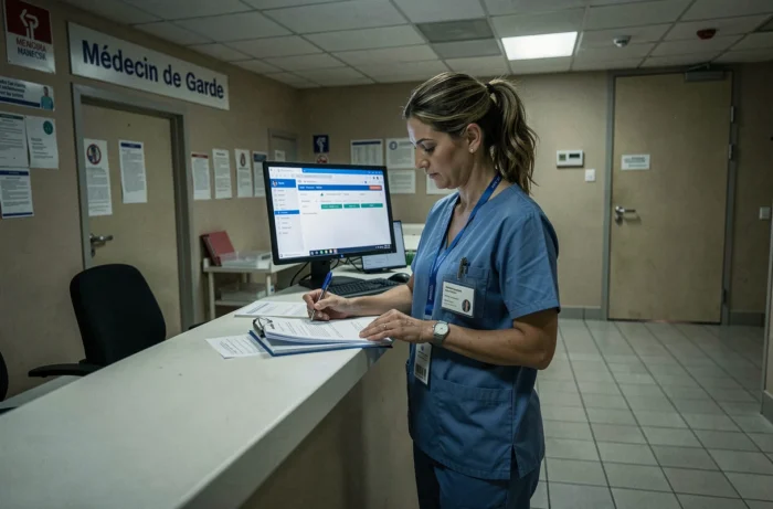 Médecin de garde féminine dans un centre médical de nuit en France, consultant des documents à l'accueil