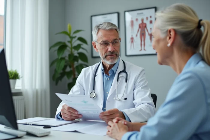 Médecin et patiente senior consultant un document sur les options de mutuelle santé dans un cabinet médical moderne