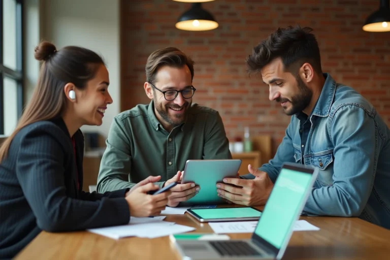 Groupe de personnes utilisant des traducteurs audio en ligne sur leurs appareils mobiles