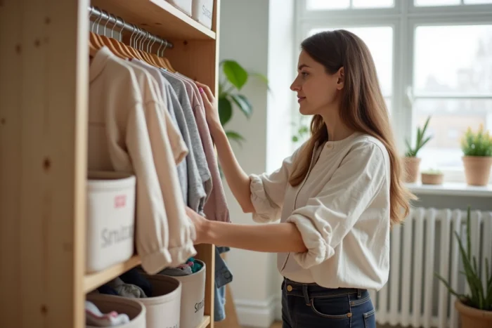 Mère triant des vêtements pour enfants dans une boutique de location moderne au style scandinave