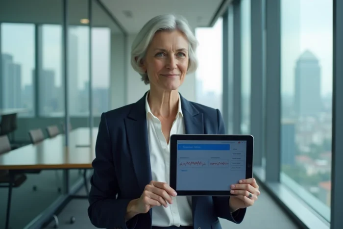 Femme professionnelle utilisant Microsoft Translator sur une tablette en salle de réunion