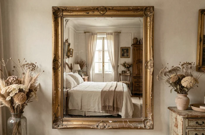 Miroir ancien chiné avec cadre en bois doré et patiné, recadré sur mesure et accroché dans une chambre française à la décoration vintage