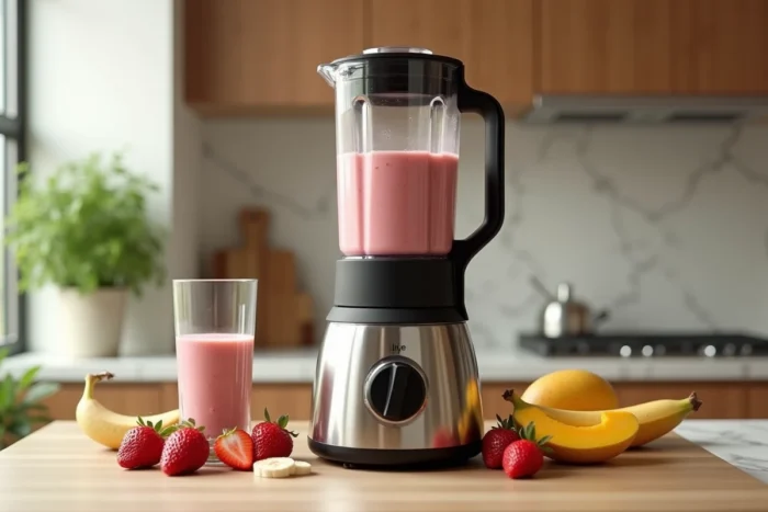 Mixeur Top Chef posé sur un îlot de cuisine entouré de fruits frais pour préparer un smoothie