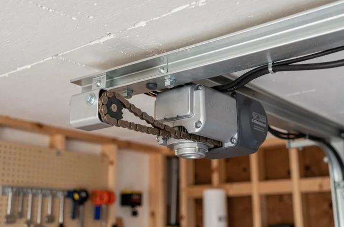 Motorisation de porte de garage sectionnelle fixée au plafond avec rail et unité moteur visibles