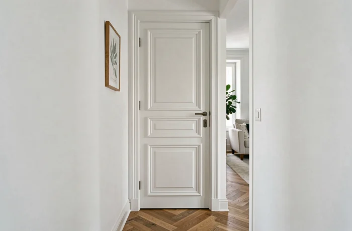 Porte plane standard transformée avec moulures rapportées en plâtre peintes en blanc cassé formant des panneaux décoratifs dans un couloir français