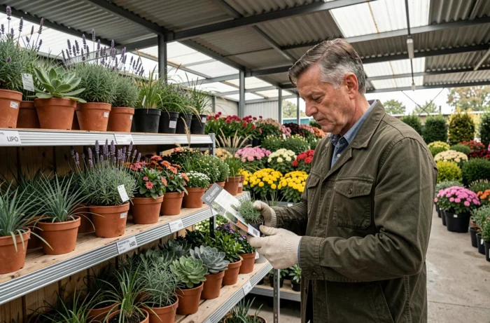 Homme dans un jardinerie examinant des plantes ornementales en pot disposées sur des étagères en bois avec des graminées et de la lavande