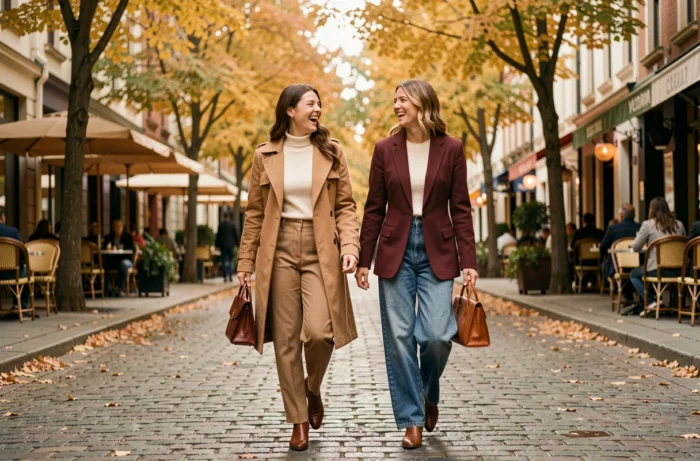 Deux femmes stylées en tenues d'automne tendance marchant dans une rue pavée parisienne pour une collection mode femme