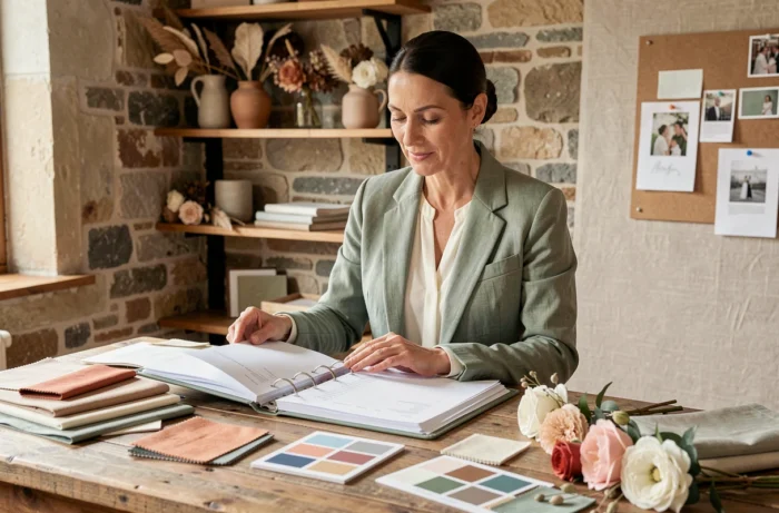 Organisatrice de mariage en blazer sauge consultant un classeur de planification entouré d'échantillons de tissus et de palettes de couleurs dans un studio rustique