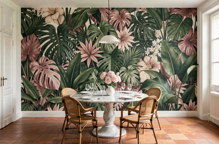 Papier peint panoramique botanique posé en lé unique couvrant un mur entier dans une salle à manger avec chaises en rotin et sol en terre cuite