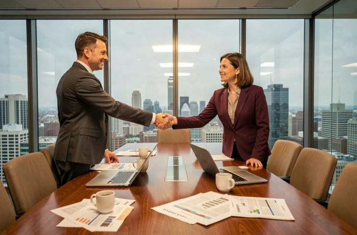 Deux professionnels B2B concluant un partenariat commercial dans une salle de réunion avec vue sur la ville