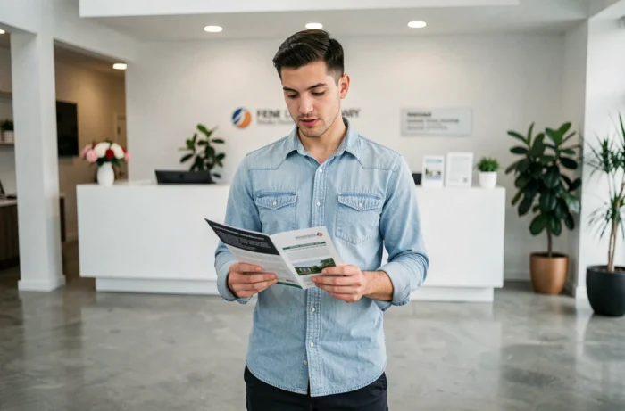 Jeune particulier lisant une brochure dans le hall d'accueil d'une agence de logement pour particuliers