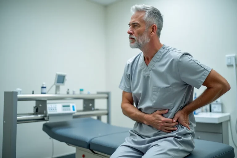 Patient homme d'âge mûr assis sur une table d'examen médical, la main posée sur le bas du dos après une infiltration lombaire