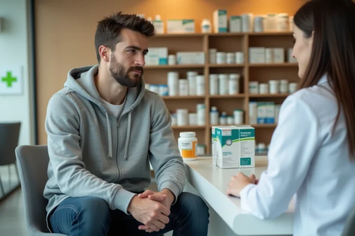Jeune patient discutant des effets secondaires d'une IRM avec une pharmacienne dans une pharmacie moderne