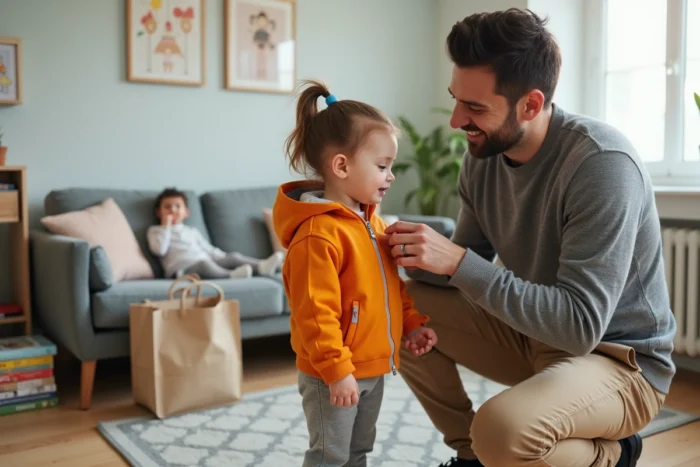 Père aidant sa fille à enfiler une veste louée dans un salon familial chaleureux
