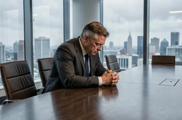 Dirigeant d'entreprise en costume assis seul dans une salle de réunion moderne, exprimant tension et introspection liées à la peur en leadership