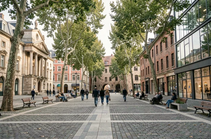 Place urbaine mettant en scène la coexistence de typologies architecturales variées au cœur d'une ville européenne