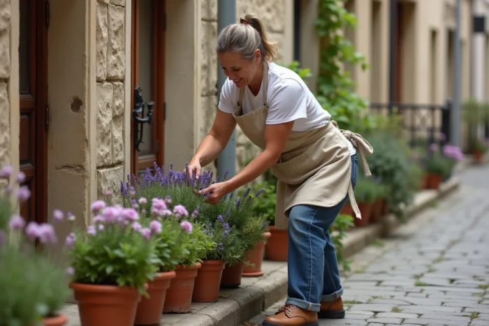 Femme installant des pots de fleurs en terre cuite sur le trottoir devant une maison en pierre dans une rue française