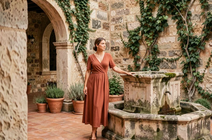 Femme élégante dans une cour méditerranéenne en pierre évoquant les origines historiques du prénom Alicia