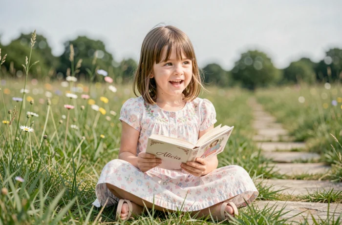 Petite fille tenant un livre avec le prénom Alicia écrit en belle calligraphie dans une prairie fleurie