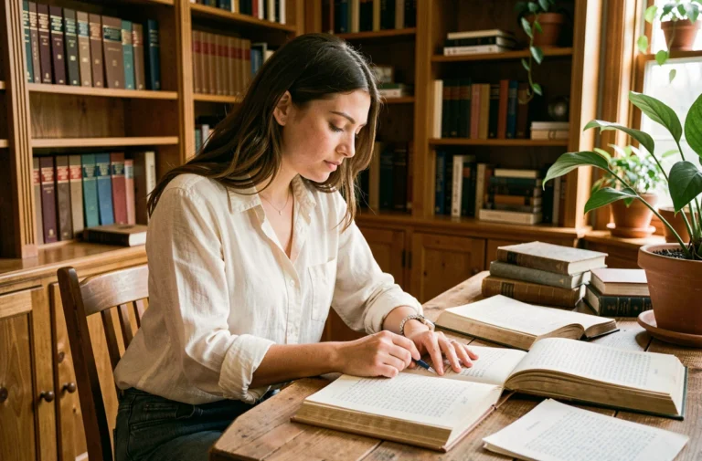 Jeune femme prénommée Alicia consultant des livres d'étymologie dans une bibliothèque chaleureuse