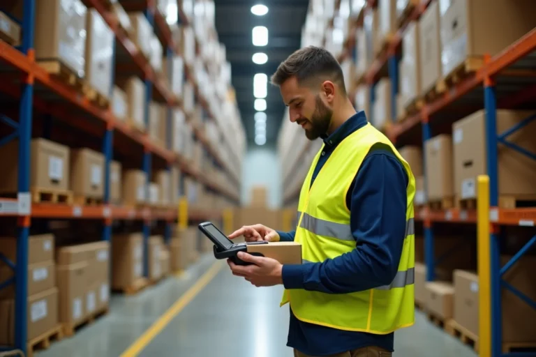 Préparateur de commande Amazon portant un gilet de sécurité jaune et tenant un scanner de codes-barres dans un entrepôt logistique avec des rayonnages métalliques