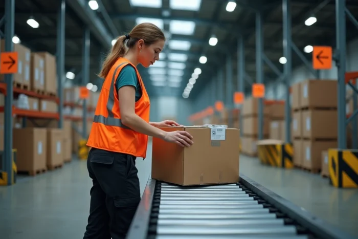 Femme préparatrice de commandes déposant un colis sur un tapis roulant dans un centre de distribution Amazon moderne