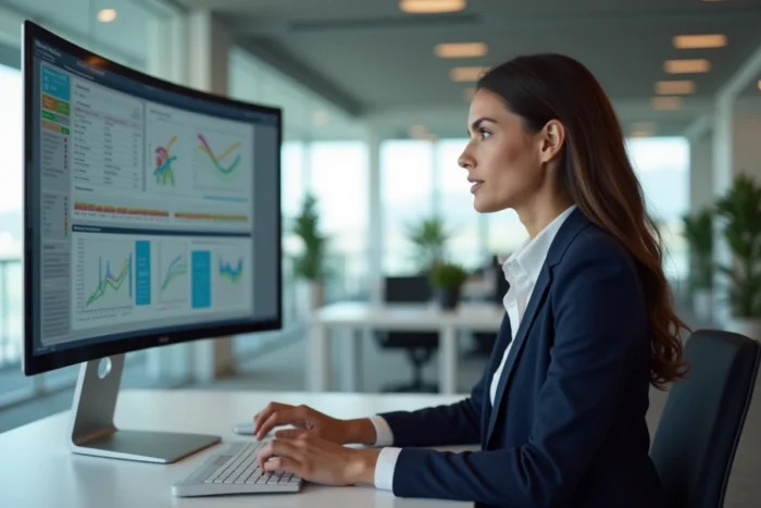 Professionnelle analysant un tableau de bord d'automatisation des échanges électroniques B2B sur un grand écran incurvé dans un bureau moderne