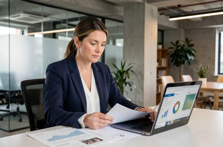 Professionnelle en blazer marine consultant des rapports et tableaux de bord dans un bureau moderne