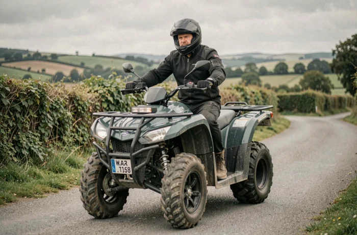 Homme adulte en équipement de protection conduisant un quad homologué route sur une route rurale pavée