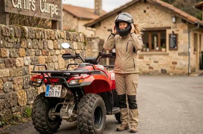 Femme adulte retirant son casque à côté d'un quad homologué route garé sur une place de village