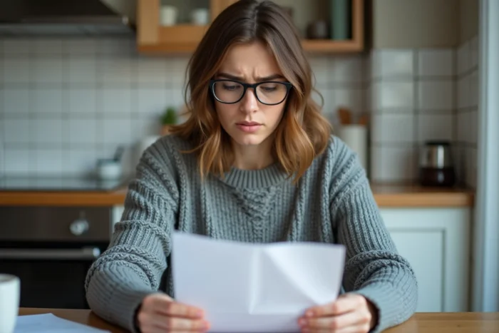 Une femme lit une lettre administrative de Pôle Emploi chez elle, inquiète d'une possible radiation