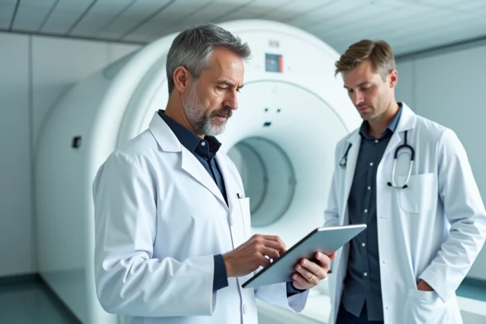 Radiologue masculin consultant un dossier patient devant un scanner IRM dans une salle d'imagerie médicale moderne