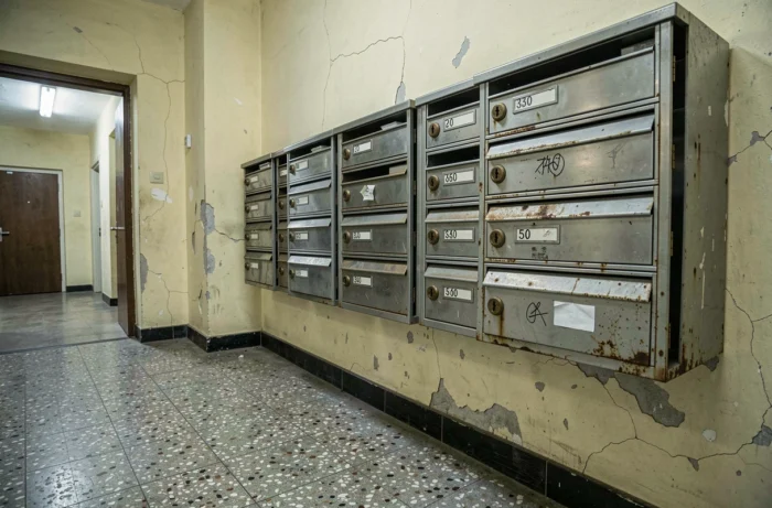 Rangée de boîtes aux lettres dans un couloir d'immeuble avec un signe de marquage discret tracé à proximité d'une des boîtes, potentiellement lié à un repérage avant cambriolage
