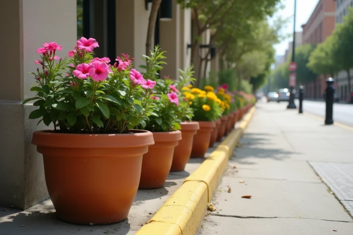 Rangée de pots de fleurs en céramique et terre cuite alignés sur le bord d'un trottoir urbain fissuré