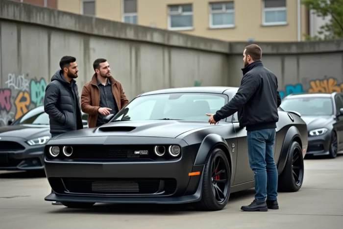 Groupe de passionnés de voiture discutant d'une muscle car noire lors d'un rassemblement automobile urbain