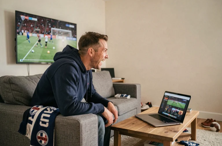 Homme regardant un match de football en streaming légalement depuis son salon sur un téléviseur et un ordinateur portable