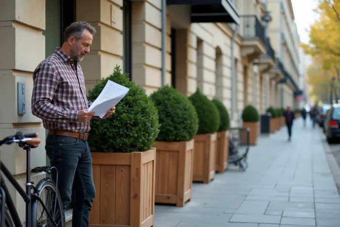Homme consultant un document réglementaire municipal devant des jardinières en bois sur un trottoir parisien haussmannien