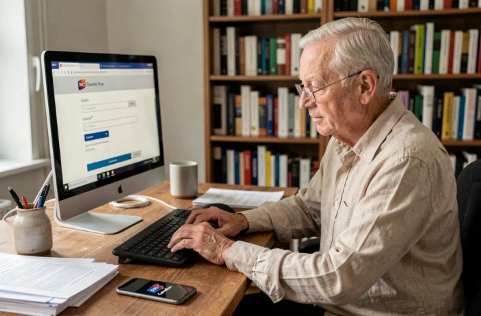 Retraité SNCF se connectant aux services en ligne avec son pass Carmillon sur un ordinateur de bureau