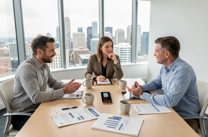 Réunion de professionnels autour d'une table de conférence avec rapports et tablettes numériques