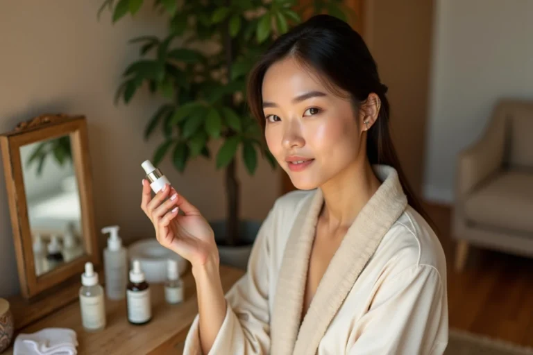 Femme appliquant un sérum visage devant une coiffeuse en bois, rituel beauté quotidien naturel et élégant