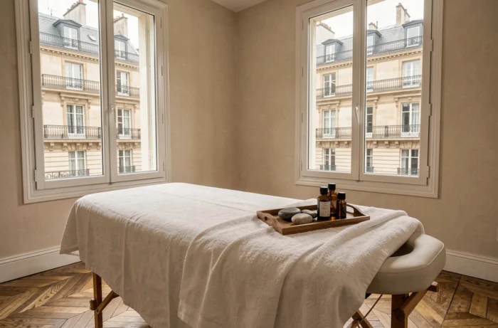 Salle de massage zen et épurée dans un appartement parisien avec huiles essentielles et table de soin