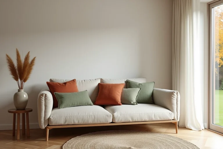 Salon scandinave minimaliste avec canapé en lin, coussin terracotta et table basse en chêne, tendances déco intérieur automne